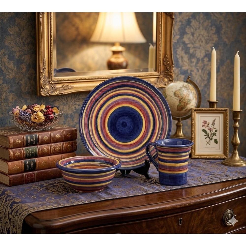 Tabletops Unlimited Italian Swirl 3pc Set Dinner Plate Bowl Mug Hand Painted